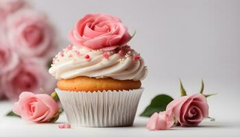 ai généré petit gâteau avec rose des roses sur blanc Contexte photo