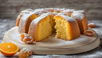 ai généré Orange gâteau avec en poudre sucre sur une assiette photo