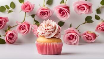 ai généré une petit gâteau avec rose Glaçage est dans de face de rose des roses photo