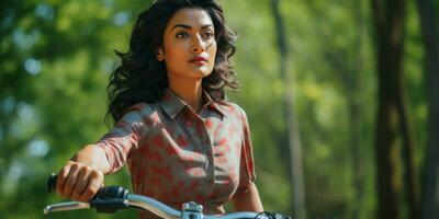 ai généré femme dans Bureau tenue profiter une bicyclette conduire. ai génératif. photo