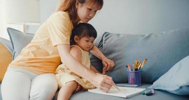 Joyeuse famille asiatique joyeuse, maman apprend à une fille à utiliser un album de peinture et des crayons colorés s'amusant à se détendre sur un canapé dans le salon de la maison. passer du temps ensemble, distance sociale, quarantaine pour le coronavirus. photo