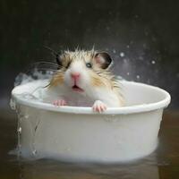 ai généré mignonne hamster baignade dans une bassin photo