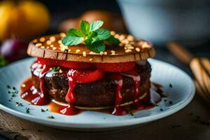 une Hamburger avec sauce et des fraises sur il. généré par ai photo