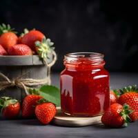 ai généré fraise confiture et fraise sur noir arrière-plans. photo