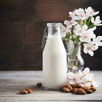 ai généré amandes Lait dans bouteille avec amandes des noisettes sur en bois arrière-plans. généré ai photo