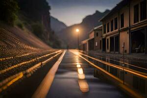 une train des pistes dans le soir. généré par ai photo