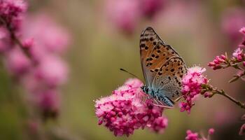 ai généré une papillon est séance sur certains rose fleurs photo