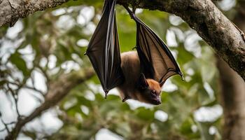 ai généré une chauve souris pendaison à l'envers vers le bas de une arbre branche photo