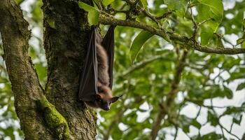 ai généré une chauve souris pendaison à l'envers vers le bas sur une arbre branche photo