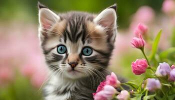 ai généré une chaton est séance dans le herbe avec rose fleurs photo