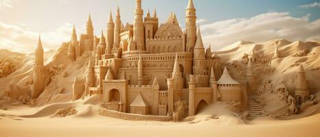 ai généré magnifique le sable Château sur d'or sable, avec complexe tours. ai génératif. photo