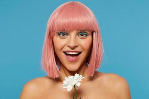 studio photo de magnifique Jeune aux yeux verts rose aux cheveux Dame avec de fête maquillage à la recherche gaiement à caméra avec vaste sourire et en portant blanc fleur plus de bleu Contexte