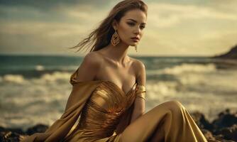 ai généré une magnifique brunette femme dans une luxe robe. ai génératif photo