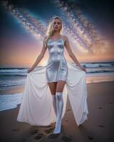 ai généré magnifique blond femme dans blanc robe sur le plage à nuit. ai génératif photo