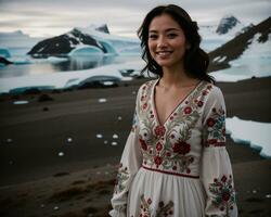 ai généré portrait de une Jeune femme souriant à caméra dans de face de icebergs. ai génératif photo