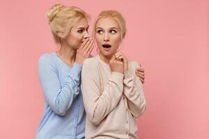 portrait de mignonne jumeaux blondes. le fille raconte sa sœur le nouvelles à propos sa ex petit ami, de lequel elle est choqué, le seconde un ouvert sa bouche dans surprendre, des stands plus de rose Contexte. photo