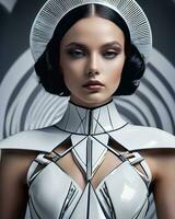 ai généré magnifique Jeune femme dans futuriste costume. beauté, mode. optique. ai génératif photo