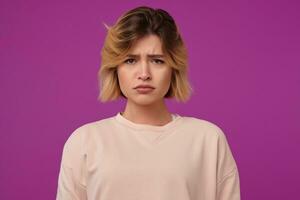 intérieur portrait de Jeune teint blond femme, avec tatoué bras presque pleurs, regards dans caméra avec triste, négatif faciale expression, isolé plus de violet Contexte photo