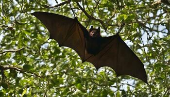 ai généré une chauve souris est en volant par le des arbres photo