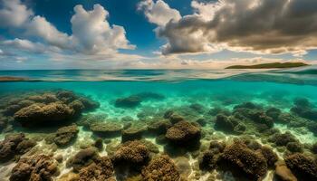 ai généré sous-marin vue de corail récifs et ciel photo