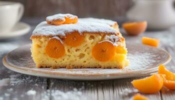 ai généré une pièce de gâteau avec Orange tranches sur Haut photo