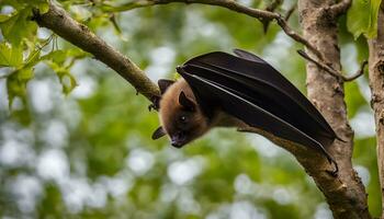 ai généré une chauve souris est pendaison à l'envers vers le bas de une arbre branche photo