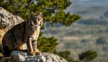 ai généré une Lynx est séance sur une Roche dans le les bois photo