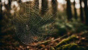 ai généré une araignée la toile dans le les bois photo