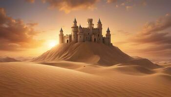 ai généré une Château dans le désert avec une le coucher du soleil derrière il photo