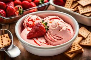 ai généré une bol de fraise la glace crème avec craquelins et des fraises photo