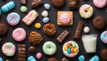 ai généré divers coloré biscuits et bonbons sur une noir Contexte photo