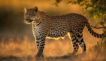 ai généré une léopard des stands dans le herbe à le coucher du soleil photo
