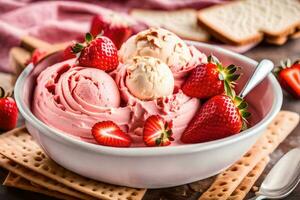 ai généré une bol de fraise la glace crème avec des fraises et une cuillère photo