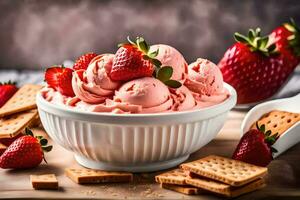 ai généré une bol de fraise la glace crème avec craquelins photo