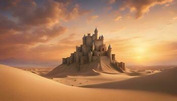 ai généré une Château dans le désert avec une le coucher du soleil photo