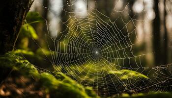 ai généré une araignée la toile dans le milieu de une forêt photo