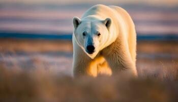 ai généré une polaire ours en marchant par une champ photo