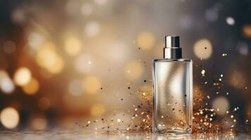 ai généré luxe parfum, cosmétique prime verre bouteille. bannière, affiche pour beauté promotion de élégant produit pour les publicités sur drapé soie en tissu Vêtements élégants Contexte avec perles. génératif ai photo