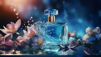 ai généré luxe parfum, cosmétique prime verre bouteille. bannière, affiche pour beauté promotion de élégant produit pour les publicités sur drapé soie en tissu Vêtements élégants Contexte avec perles. génératif ai photo