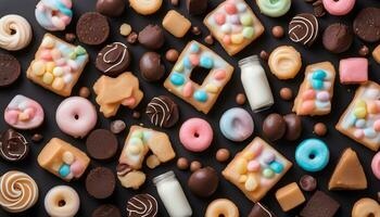ai généré assorti bonbons et biscuits sur une noir Contexte photo