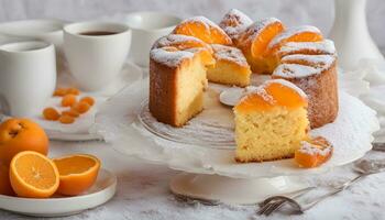 ai généré Orange gâteau avec Orange tranches sur une blanc assiette photo