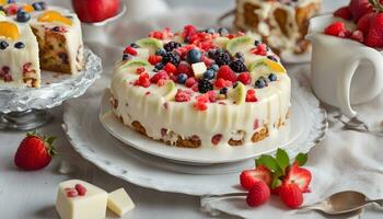 ai généré une gâteau avec fruit et crème sur une blanc assiette photo