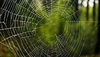 ai généré une araignée la toile est montré dans le milieu de une forêt photo
