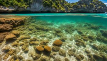 ai généré le sous-marin vue de une plage avec rochers et l'eau photo