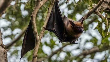 ai généré une chauve souris est pendaison à l'envers vers le bas de une arbre branche photo