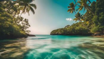 ai généré une tropical plage avec paume des arbres et l'eau photo