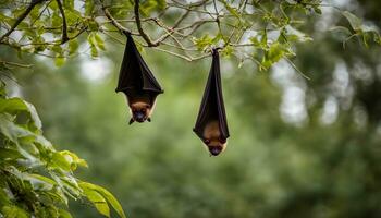 ai généré deux chauves-souris pendaison à l'envers vers le bas de une arbre branche photo