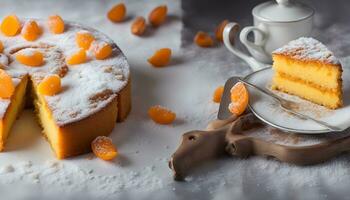 ai généré deux des photos de une gâteau avec Orange tranches