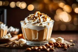 ai généré caramel café avec fouetté crème et cacahuètes sur une en bois table photo