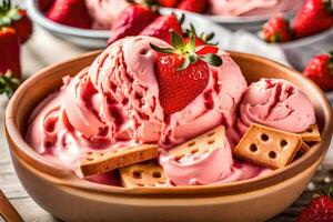 ai généré une bol de la glace crème avec des fraises et craquelins photo